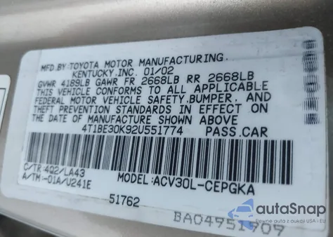 2002 Toyota Camry Xle z USA, uszkodzony, nr VIN 4T1BE30K92U551774